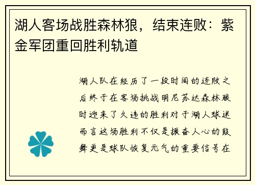 湖人客场战胜森林狼，结束连败：紫金军团重回胜利轨道