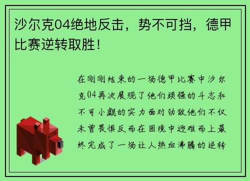 沙尔克04绝地反击，势不可挡，德甲比赛逆转取胜！
